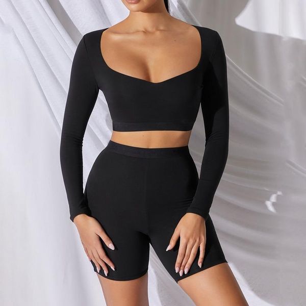 

yoga outfit women solid set long sleeve v neck sportwear fitness workout gym clothing 2 piece plus size matching stretchy tracksuit