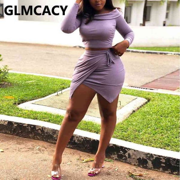 

women two piece ribbed suits long sleeve crop & mini skirt set 210702, White