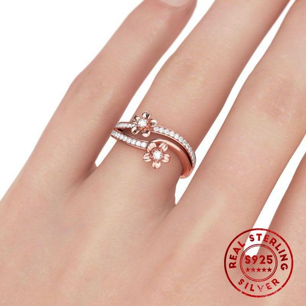 

cluster rings couple for women jewelry rose gold flower 925 sterling silver ring fashion elegant fit wedding anniversary banquet romance, Golden;silver