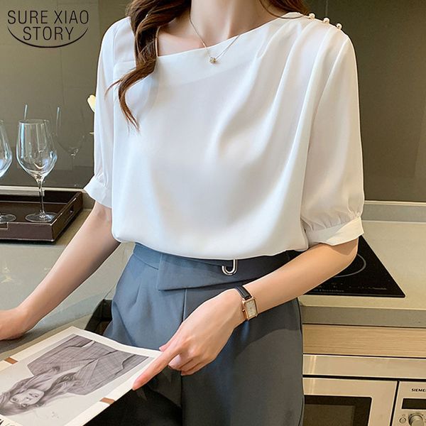 

summer shirt korean satin short sleeve women's blouse and skew collar ol style wild women 14235 210508, White