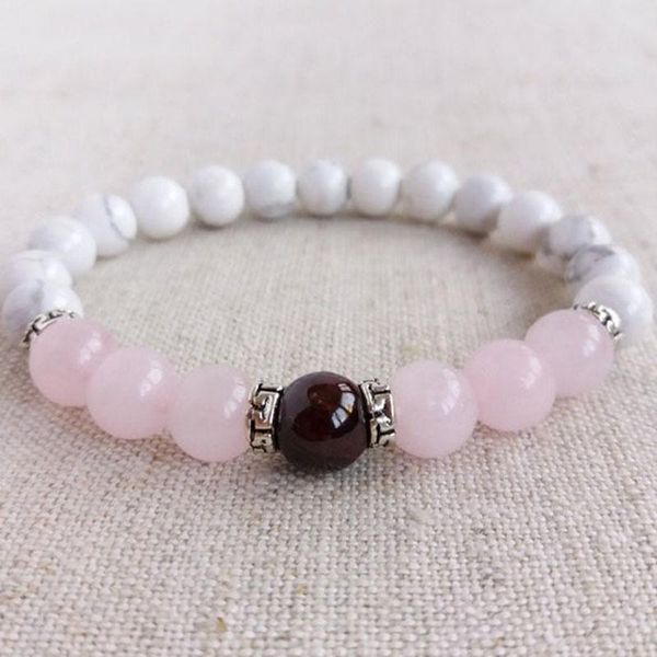 

tennis howlite bracelet for girlfriend jewelry 8mm mala beads beaded wrist rose q-uartz garnet healing her, Golden;silver
