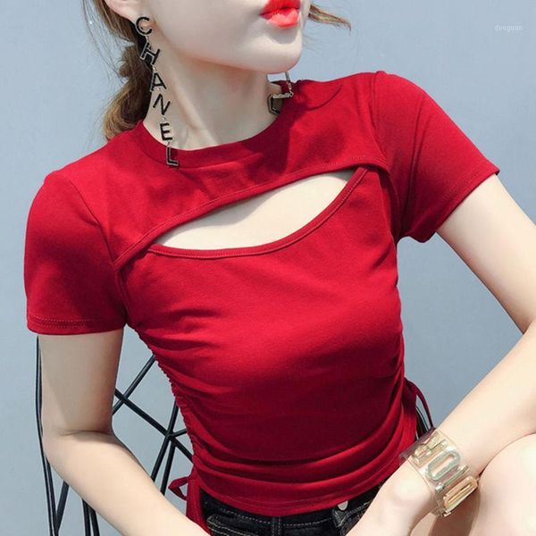 

women's t-shirt 2021 summer fashion drawstring net clothes, White