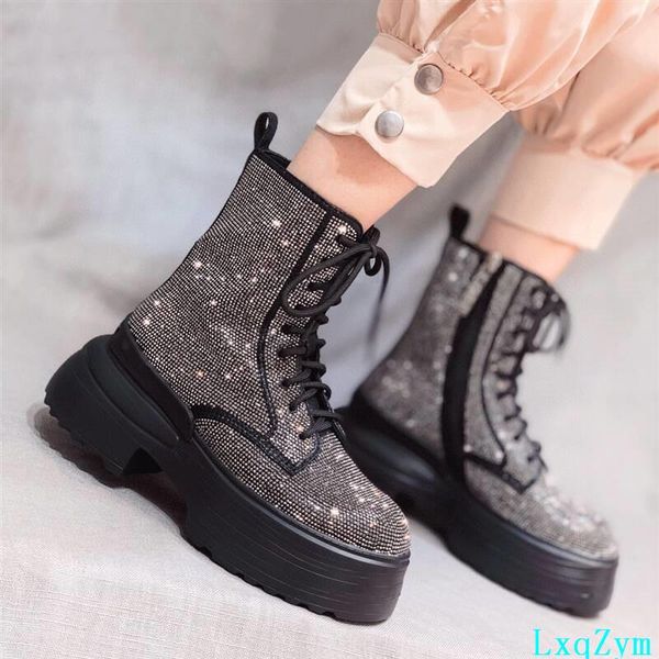 

boots med thick soled platform shoes genuine leather round toe bling motorcycle brand design, Black