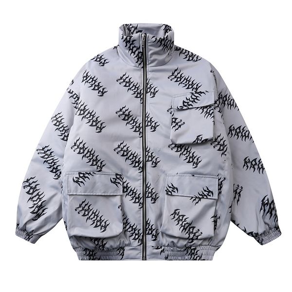 

pockets windbreaker print cotton padded jacket mens and womens thick streetwear oversize winter coat loose casual parka, Black;brown