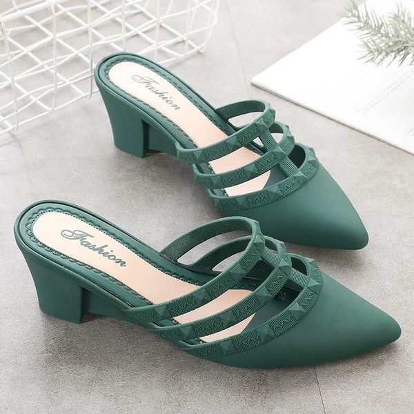 

summer fashion sandals lady mesh dot high heels hollow shallow stiletto women solid color slippers jelly shoes, Black
