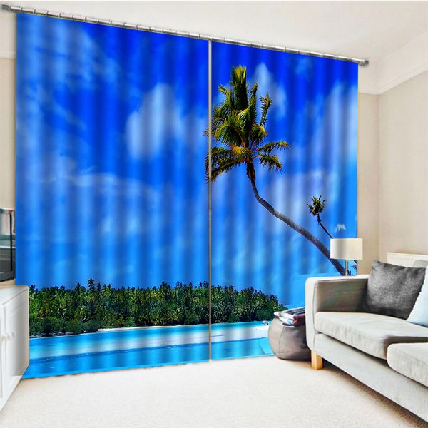 

printing blockout polyester blue beach curtain 3d curtains for living room bedding