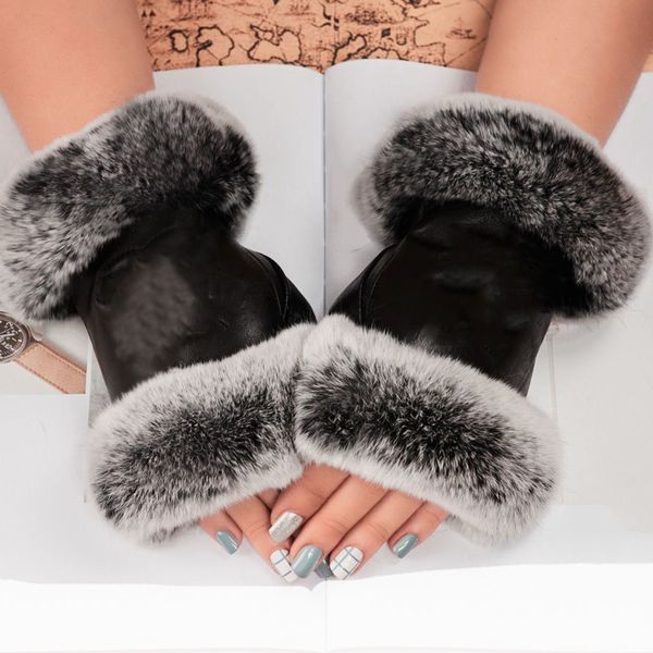

luxury brand leather gloves and wool touch screen rabbit skin cold resistant warm sheepskin parting finger, Blue;gray