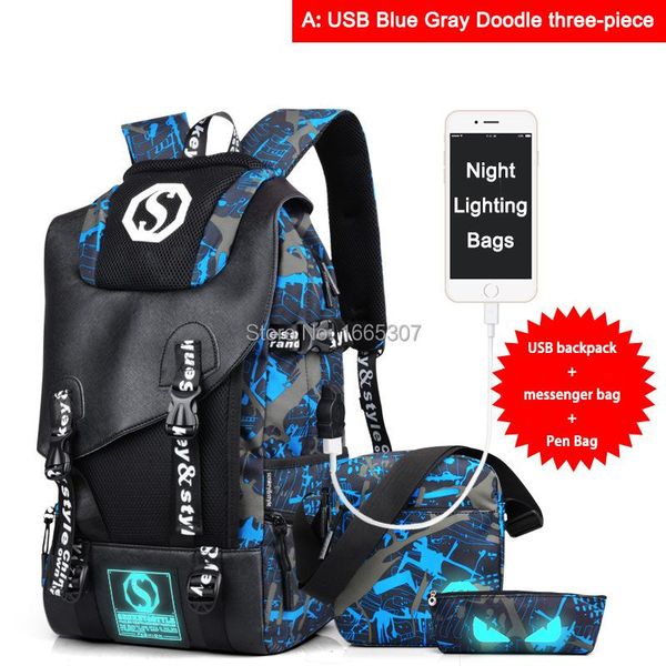 

backpack [do drop ]a est night lighting bags teenagers student lapshoulder women's men's three-piece travel backpacks