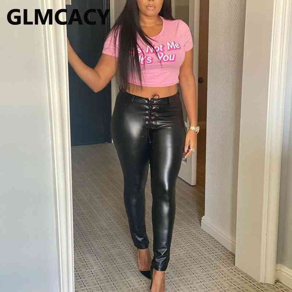 

women lace up pu leather skinny pants 210702, Black;white