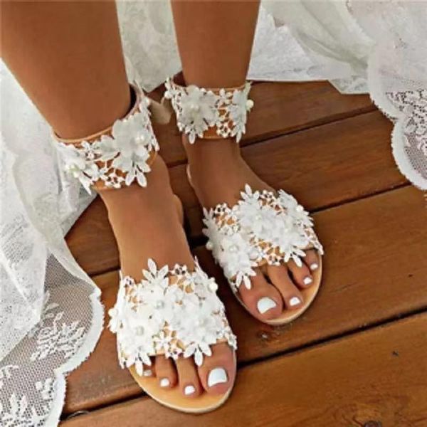 

women's flip flops women white flat sandals luxury pearls bridal wedding shoes lace flowers ankle strap beach roman slippers, Black