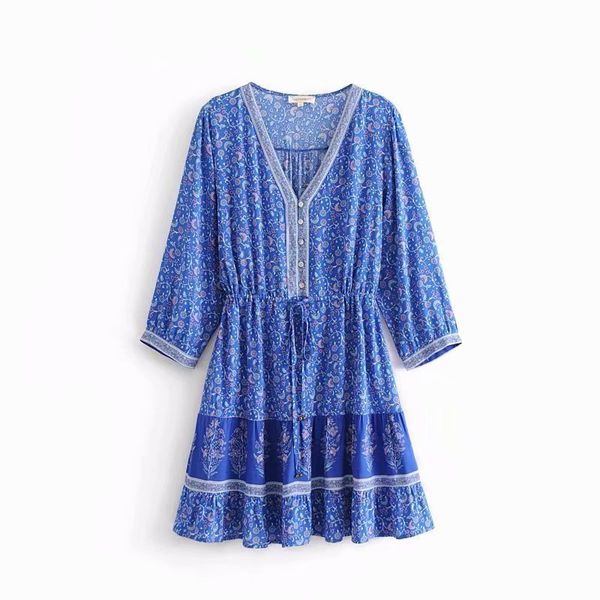 

dresses women floral print bohemian beach es v-neck 3/4 sleeve elastic waist casual short spring summer boho holiday mini fff3, Black;gray