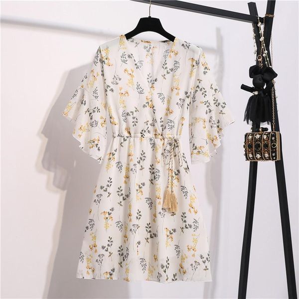 

party dresses white summer v-neck floral print dress women chiffon ruffle short sleeve midi casaul pink vestido de mujer, White;black