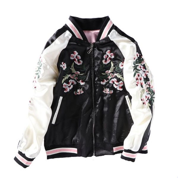 

2021 new ladies cherry blossoms embroidery bomber jacket women long sleeve casual zipper jackets outwear loose basic coat, Black;brown