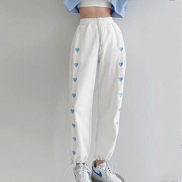 

pants women korean straight leg stretch waist embroidery love trousers casual loose femme pt026 women's & capris, Black;white