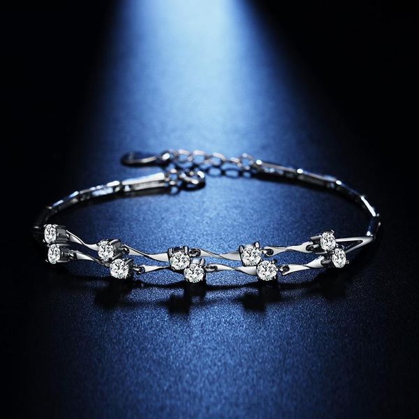 

link, chain youpop korean 925 silver plated double bamboo bracelets women cz zircon crystal jewelry party bridal wedding accessories, Black