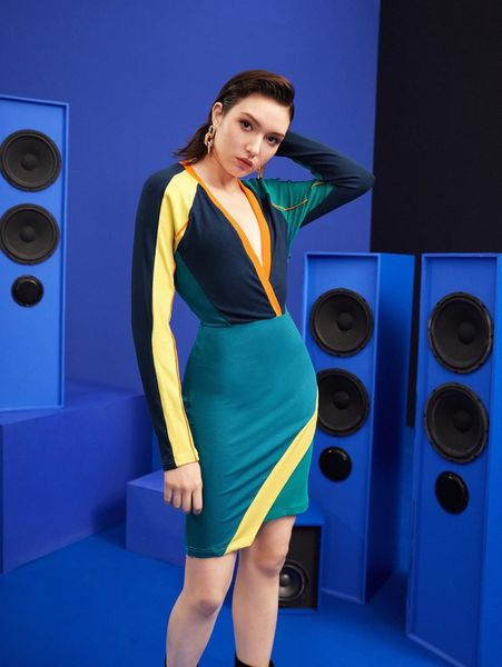 

x monosodium color block plunging neck bodycon dress 13ga#, Black;gray