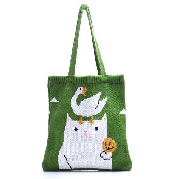 

evening bags teenager knitted soft cartoon cat handle tote bag female student japanese korean high street crochet shopper handbag