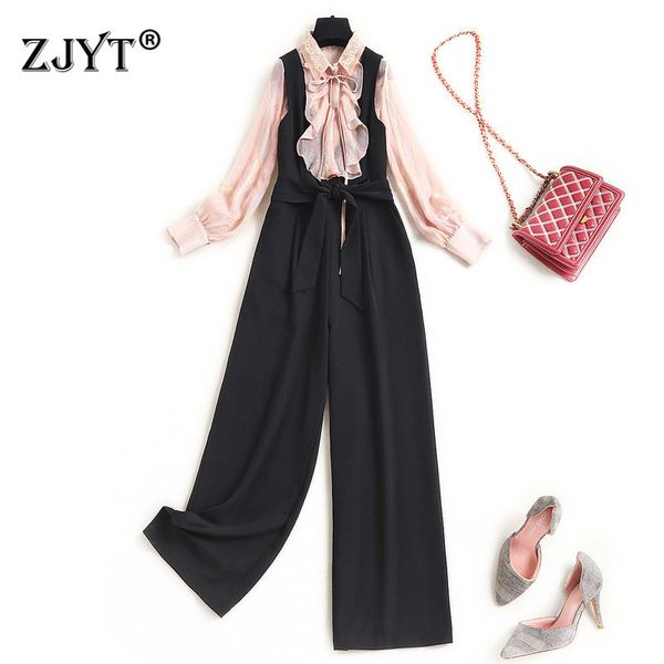 

women's two piece pants spring office designer lady 2 order elegant women's clothes plied chiffon blouse and suit pants twinset pa, White