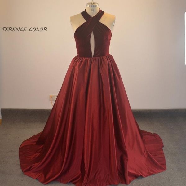 

party dresses deep red velour halter neck ball gown prom floor length evening dress, White;black