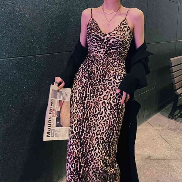 

vintage leopard long sling dress women party club slim pencil female summer night out vestido 210430, Black;gray