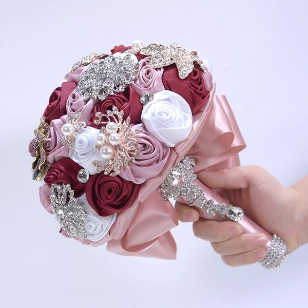 

wedding flowers brooch bouquet satin ribbon bride's beads burgundy roses