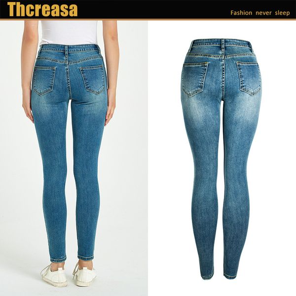 

jeans 2021 thin brem for high-waisted denim pencils elastic waistband pants women plus spring size, Blue