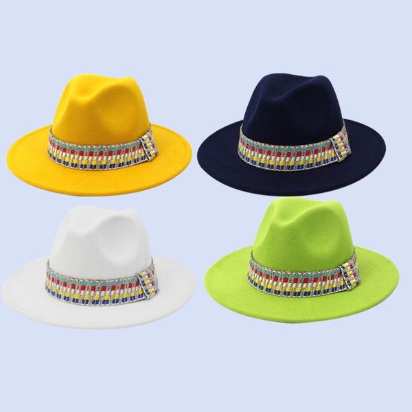 

wide brim hats wool jazz cap autumn winter fedora wan womaen's hat panama european american style belt wholesale2021, Blue;gray