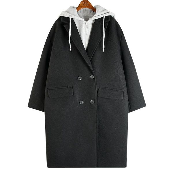 

women's wool & blends [ewq] thickened woolen coat fake two piece loose medium length hooded overcoat women fashion tide 2021 winter gd9, Black