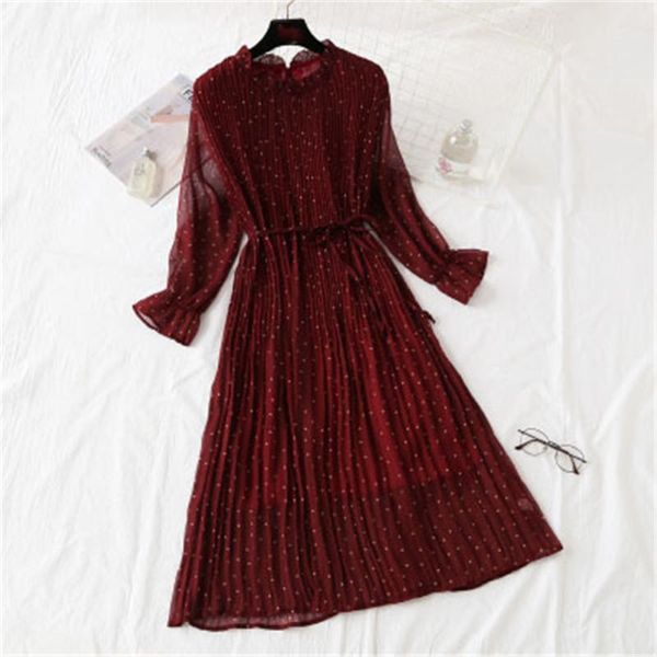 

casual dresses elegant polka dot women dress female flare sleeve office chiffon print a-line vintage sweet clothing vestidos, Black;gray