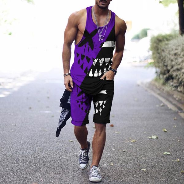 

men's tracksuits summer sleeveless t-shirt hip-hop harajuku streetwear 3d printing xoxo pattern vest shorts 2-piece sportswear, Gray