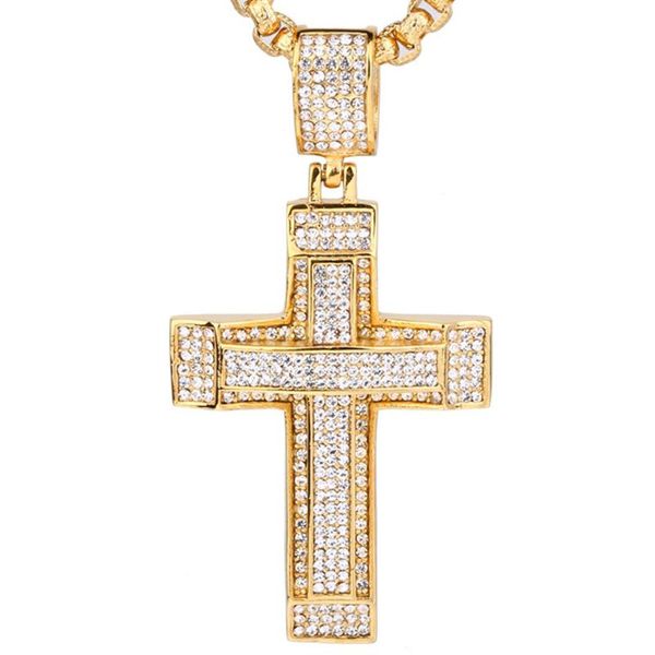 

Hip Hop Iced Out CZ Big Jesus Cross Pendant & Chain Gold Color Stainless Steel Christian Necklace For Men Jewelry Drop Necklaces, Silver