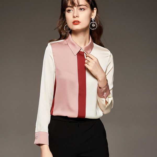 

women's t-shirt elegant lapel long sleeve silk satin color match blouse woman formal office lady shirt, White