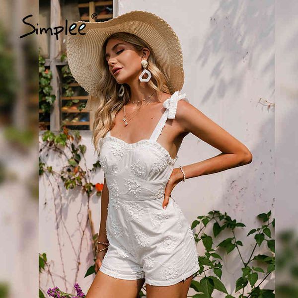 Sexy Spaghettiträger-Stickerei für Damen, eleganter kurzer Overall mit Krawatte, Sommerurlaub, weißer Strampler 210414