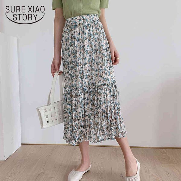 

korean style high-waisted a- line halfbody floral chiffon skirts women elastic pleated long jupe femme 9192 210508, Black