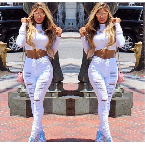 

women's jeans 2021 fashion wild casual big hole small feet pants personality honing broken elastic trousers, Blue