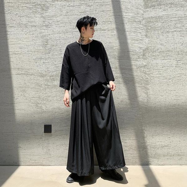 

ethnic clothing men's pant japanese style solid black loose cotton soft wide leg pants summer hip hop folds casual fashion streetwear 2, Red
