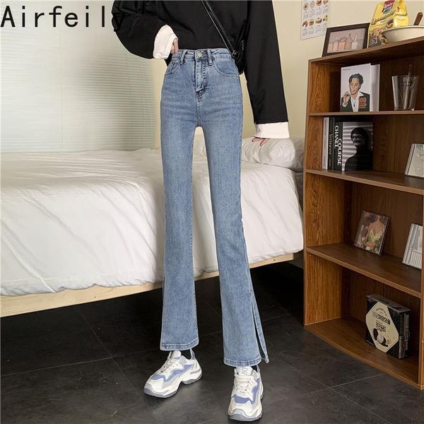 

women's jeans women spring autumn pants casual korean female simple slim split commute high waist solid black blue long
