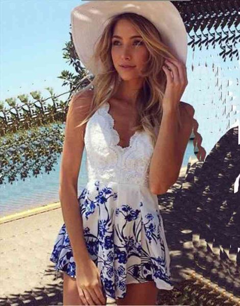 

beautiful fashion blue and white women jumpsuit lace open back v neck playsuit, Black;white