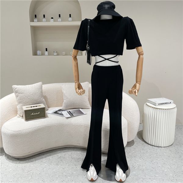 

pant niche design two female pieces spring summer fashion tight waist high rope jacket open and fallen burnt pants, White
