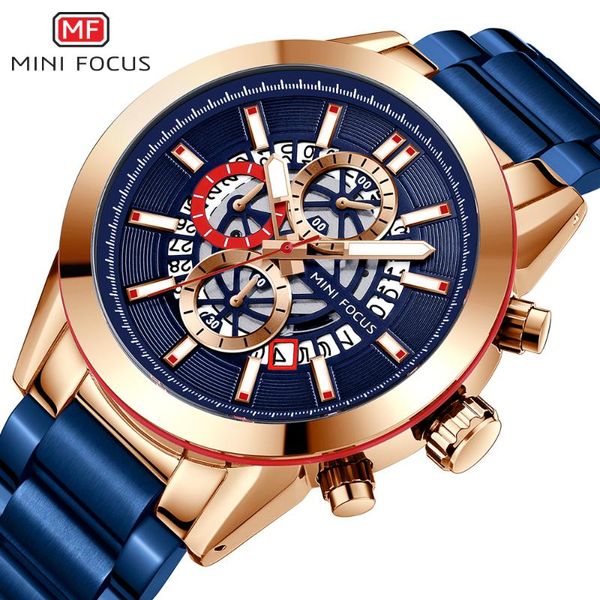 

wristwatches mini focus sports chronograph quartz watches mens 2021 blue stainless steel strap fashion casual watch waterproof male clock, Slivery;brown