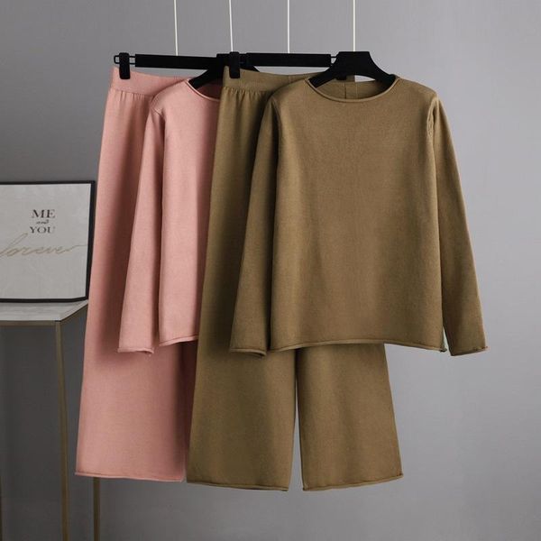 

women's two piece pants singreiny 2021 autumn winter knitted set women casual loose sweater+high waist wide leg knitting long suits, White