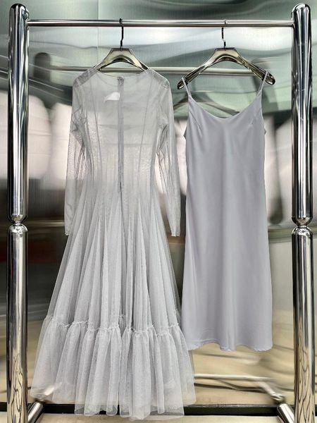 

casual dresses 2021fw autumn women mesh sheer long fashion luxury dress 2 color for female gdnz 8.21, Black;gray