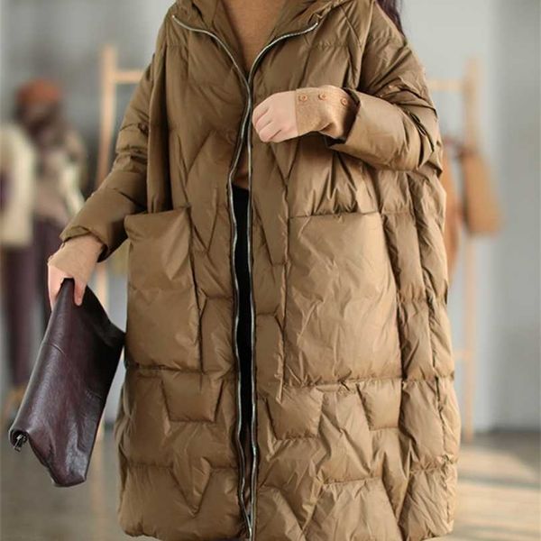

fitaylor winter hooded down jacket women oversize snow warm drop sleeve thickening parkes outwear 90% white duck coat 211011, Black
