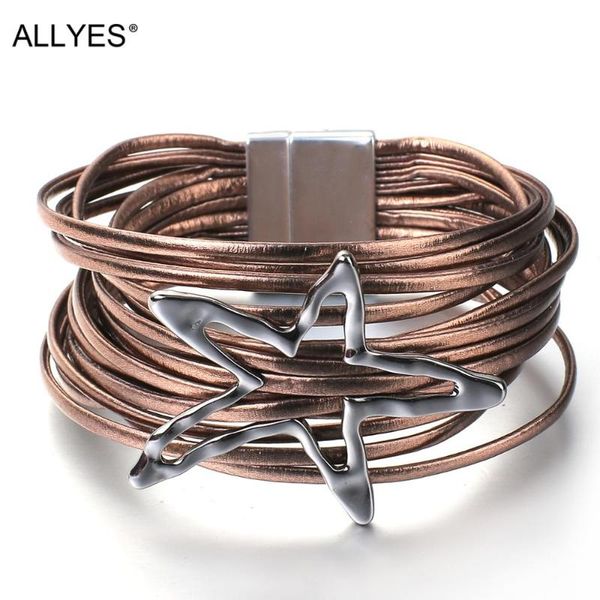 

tennis allyes hollow metal star charms leather bracelet for women boho multilayer wrap bangle exaggerated jewelry gifts, Golden;silver
