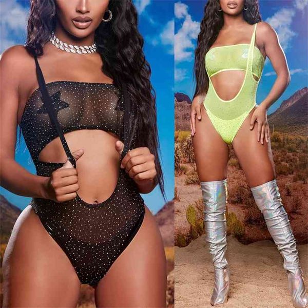 

omsj arrival ladies erotic mesh see through 3 pcs set tube briefs+bodysuit bodycon shiny suits homewear 210517, White