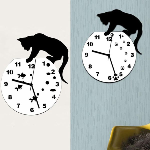 

wall clocks -acrylic naughty cat clock modern design home decoration 3d sticker