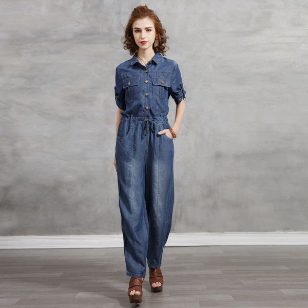 

johnature women vintage patchwork jumpsuits turn-down collar safari style spring clothes pockets belt denim jumpsuits 210521, Black;white