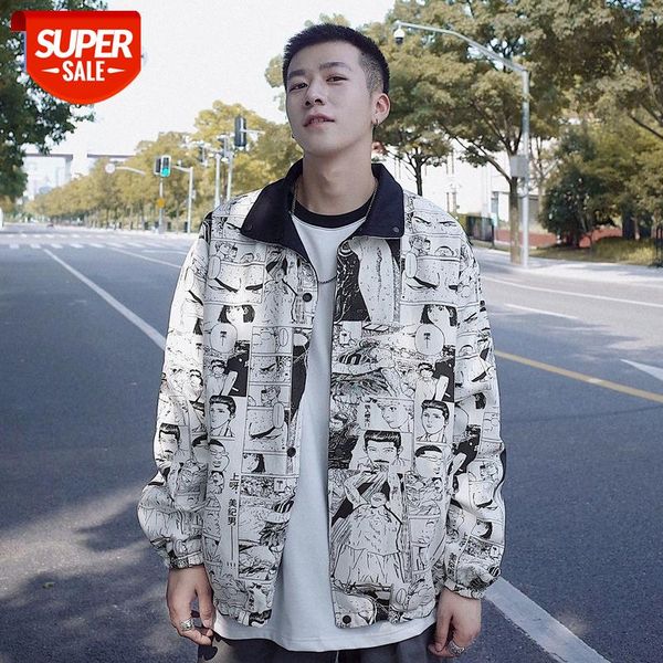 

full print manga jacket male korean style trend casual loose two-sided clothes #3k9v, Black;brown
