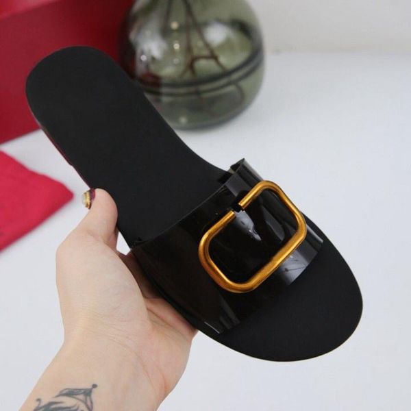 

2021 r women slippers beach fashion summer ladies metal chain flats slides woman sandals with box size 35-45, Black