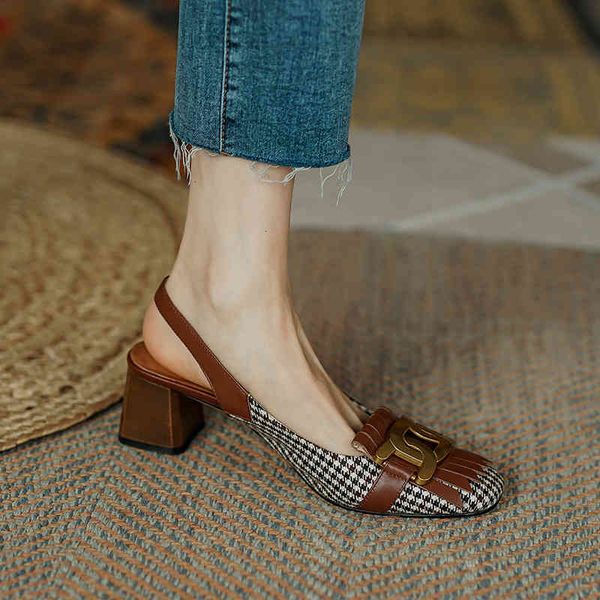 

ladies striped sandals metal slings back houndstooth sandals for women genuine leather summer shoes vwar, Black